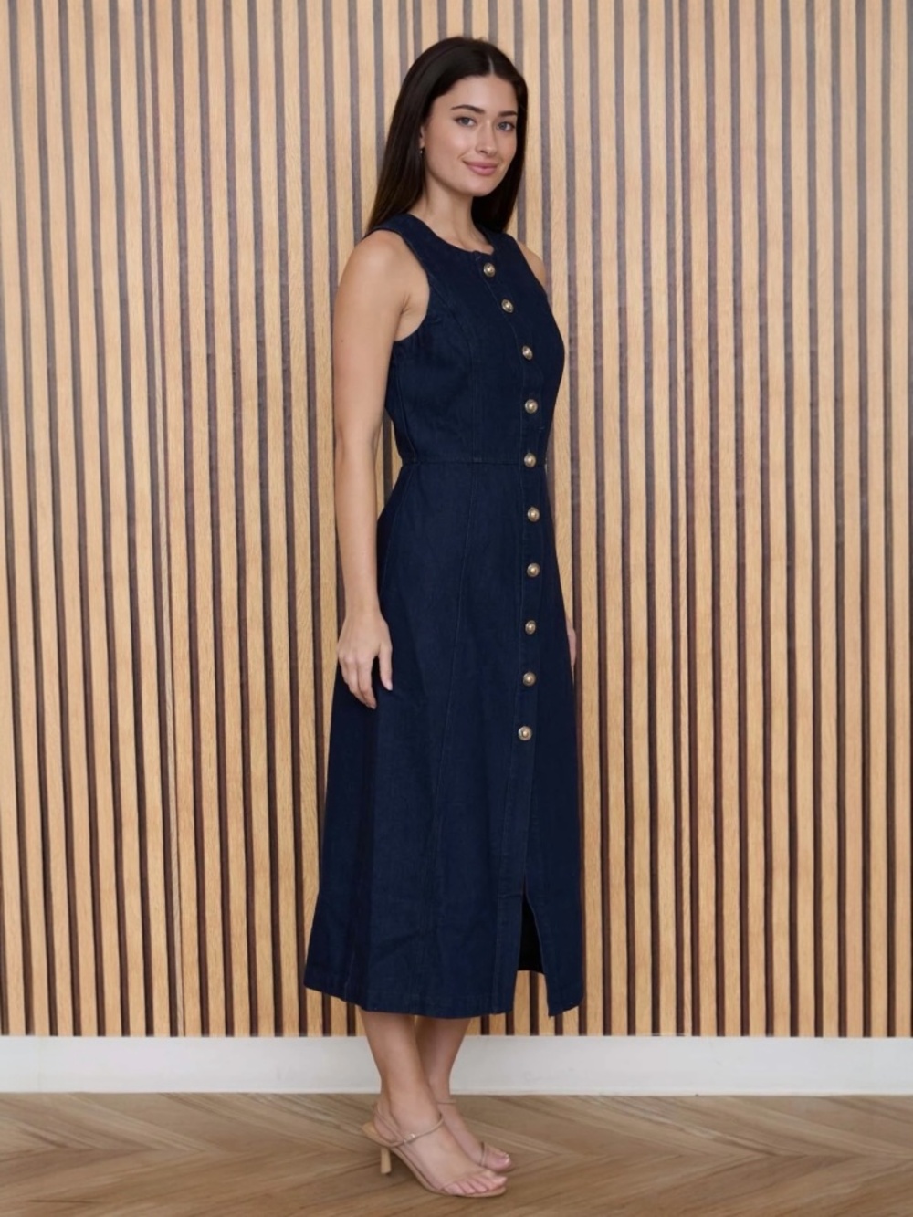 Studio Denim Maxi Dress Sleeveless Button Down in Dark Denim Sm Med Lg - Boutiqu - Picture 2 of 10